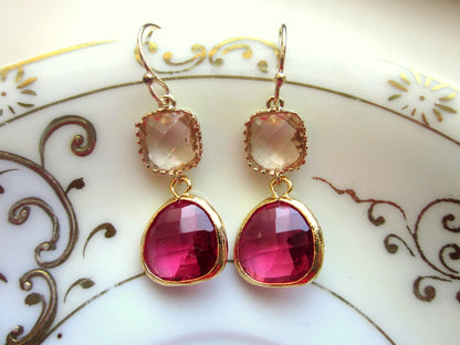 Fuchsia Earrings Champagne Peach Gold Two Tier - Bridesmaid Earrings - Wedding Earrings - Valentines Day Gift