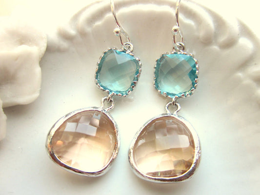 Champagne Peach Earrings Aquamarine Silver Two Tier - Bridesmaid Earrings - Wedding Earrings - Valentines Day Gift