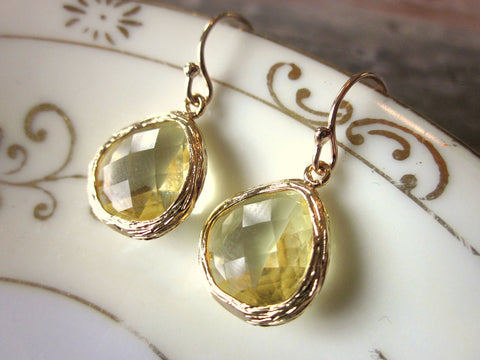 Citrine Earrings Yellow Teardrop Gold Plated Glass - Bridesmaid Earrings - Wedding Earrings - Valentines Day Gift