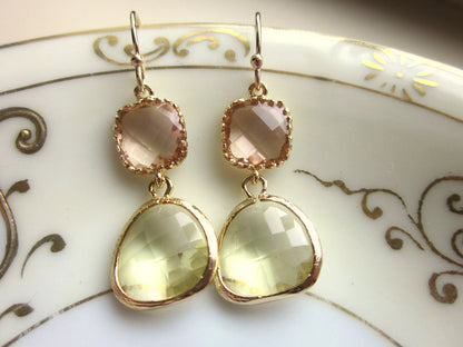 Citrine Earrings Pink Champagne Glass Gold Plated - Bridesmaid Earrings - Wedding Earrings - Valentines Day Gift
