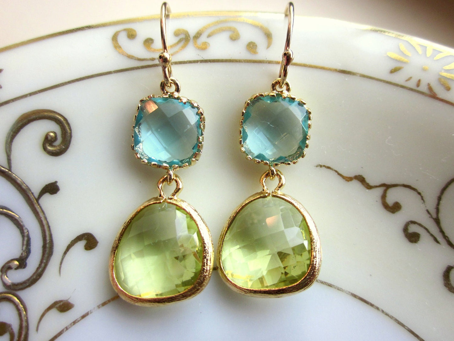 Peridot Earrings Aquamarine Gold Plated - Bridesmaid Earrings - Wedding Earrings - Valentines Day Gift