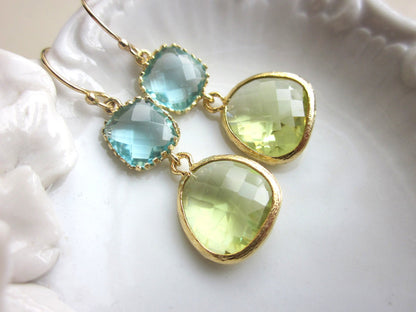 Peridot Earrings Aquamarine Gold Plated - Bridesmaid Earrings - Wedding Earrings - Valentines Day Gift