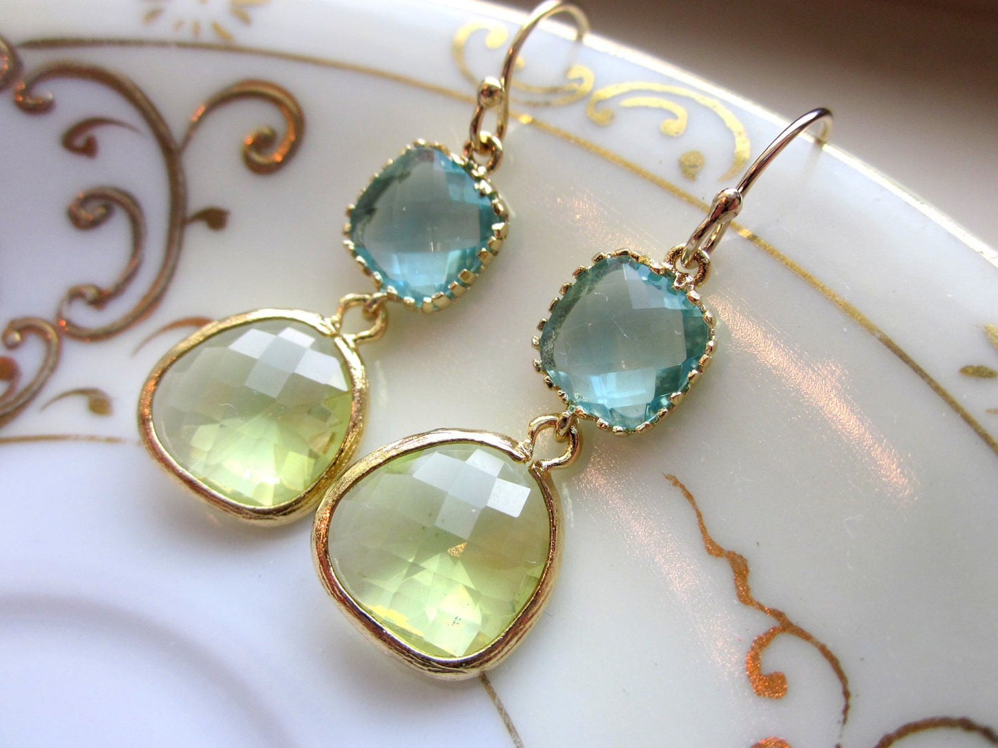 Peridot Earrings Aquamarine Gold Plated - Bridesmaid Earrings - Wedding Earrings - Valentines Day Gift