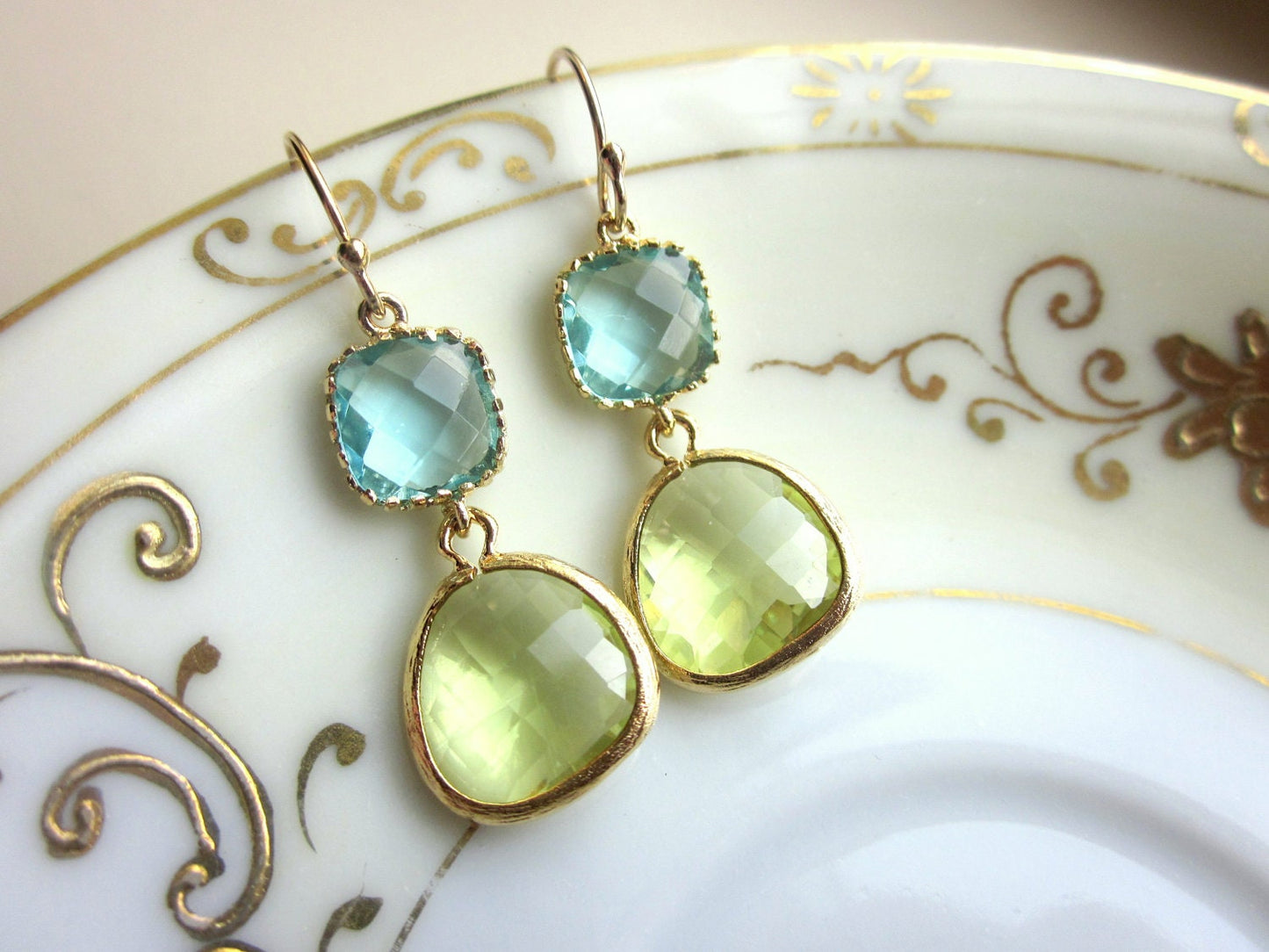 Peridot Earrings Aquamarine Gold Plated - Bridesmaid Earrings - Wedding Earrings - Valentines Day Gift