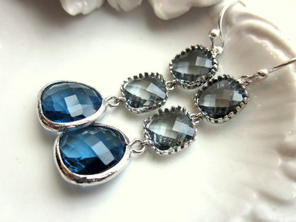 Sapphire Navy Earrings Charcoal Gray Earrings Silver - Bridesmaid Earrings - Wedding Earrings - Valentines Day Gift