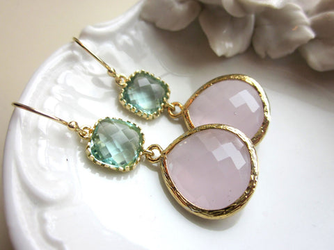 Large Pink Opal Earrings Gold Prasiolite Green Two Tier -  Bridesmaid Earrings Wedding Earrings Valentines Day Gift