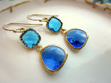 Cobalt Blue Earrings Capri Blue Gold Two Tier Earrings - Bridesmaid Earrings Wedding Earrings Valentines Day Gift