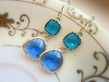 Cobalt Blue Earrings Capri Blue Gold Two Tier Earrings - Bridesmaid Earrings Wedding Earrings Valentines Day Gift