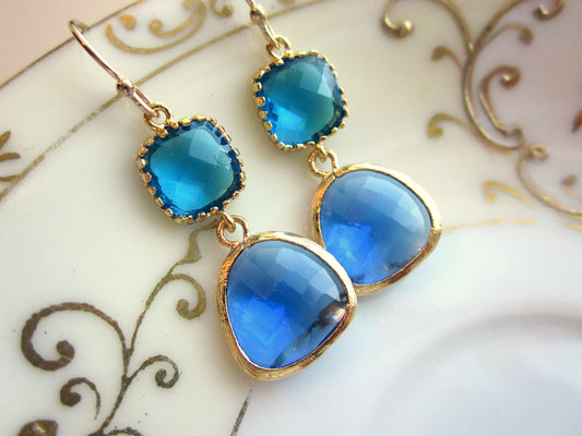 Cobalt Blue Earrings Capri Blue Gold Two Tier Earrings - Bridesmaid Earrings Wedding Earrings Valentines Day Gift