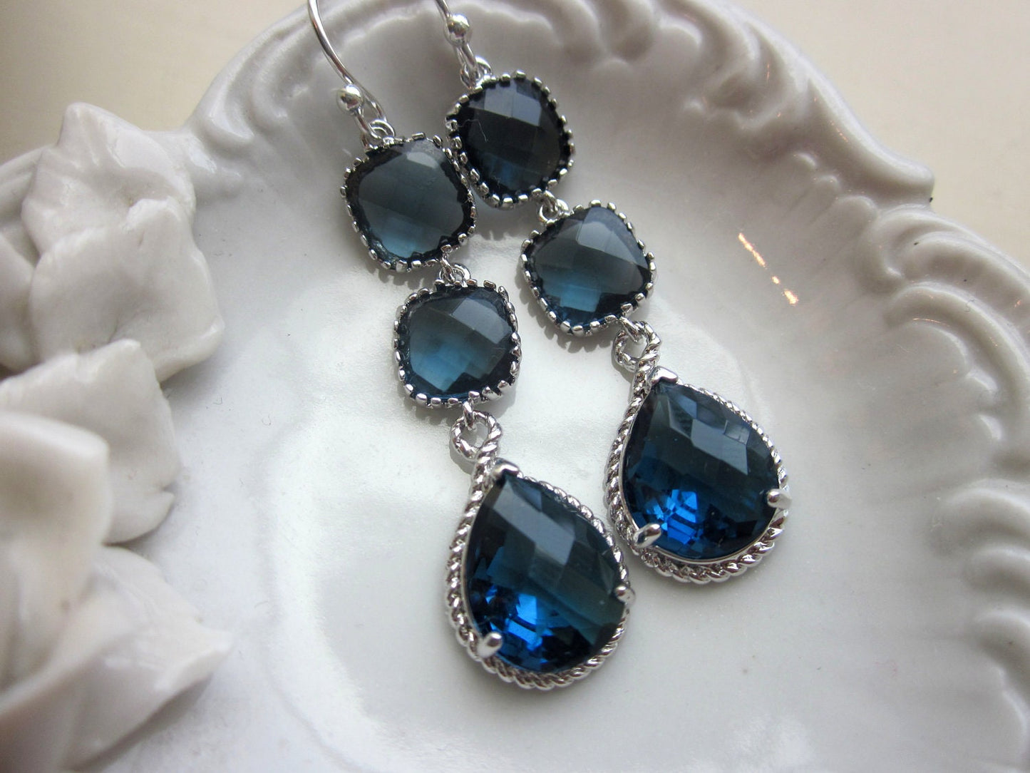Sapphire Earrings Navy Blue Silver Plated Three Tier - Bridesmaid Earrings - Wedding Earrings - Bridal Earrings - Valentines Day Gift