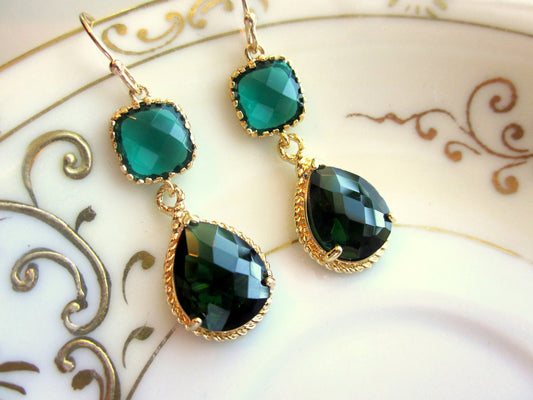 Emerald Green Earrings Gold Pendant Two Tier - Bridesmaid Earrings - Wedding Earrings - Bridal Earrings - Valentines Day Gift