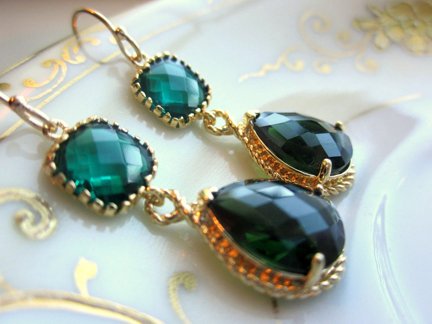 Emerald Green Earrings Gold Pendant Two Tier - Bridesmaid Earrings - Wedding Earrings - Bridal Earrings - Valentines Day Gift