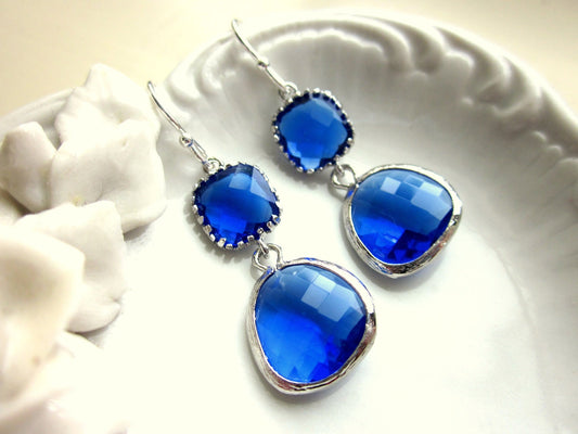 Cobalt Blue Earrings Silver Two Tier - Sterling Silver Earwires - Bridesmaid Earrings Wedding Earrings Valentines Day Gift