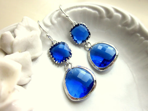Cobalt Blue Earrings Silver Two Tier - Sterling Silver Earwires - Bridesmaid Earrings Wedding Earrings Valentines Day Gift