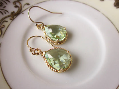 Prasiolite Earrings Green Gold Teardrop Bridesmaid Earrings - Bridal Earrings - Wedding Earrings - Valentines Day Gift