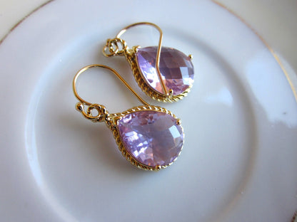 Lavender Earrings Purple Gold Teardrop Pendant - Bridesmaid Earrings Wedding Earrings Bridal Earrings Valentines Day Gift