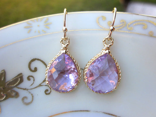 Lavender Earrings Purple Gold Teardrop Pendant - Bridesmaid Earrings Wedding Earrings Bridal Earrings Valentines Day Gift