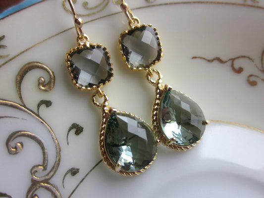 Charcoal Gray Earrings Gold Earrings Teardrop Glass Two Tier - Bridesmaid Earrings Wedding Earrings Wedding Jewelry