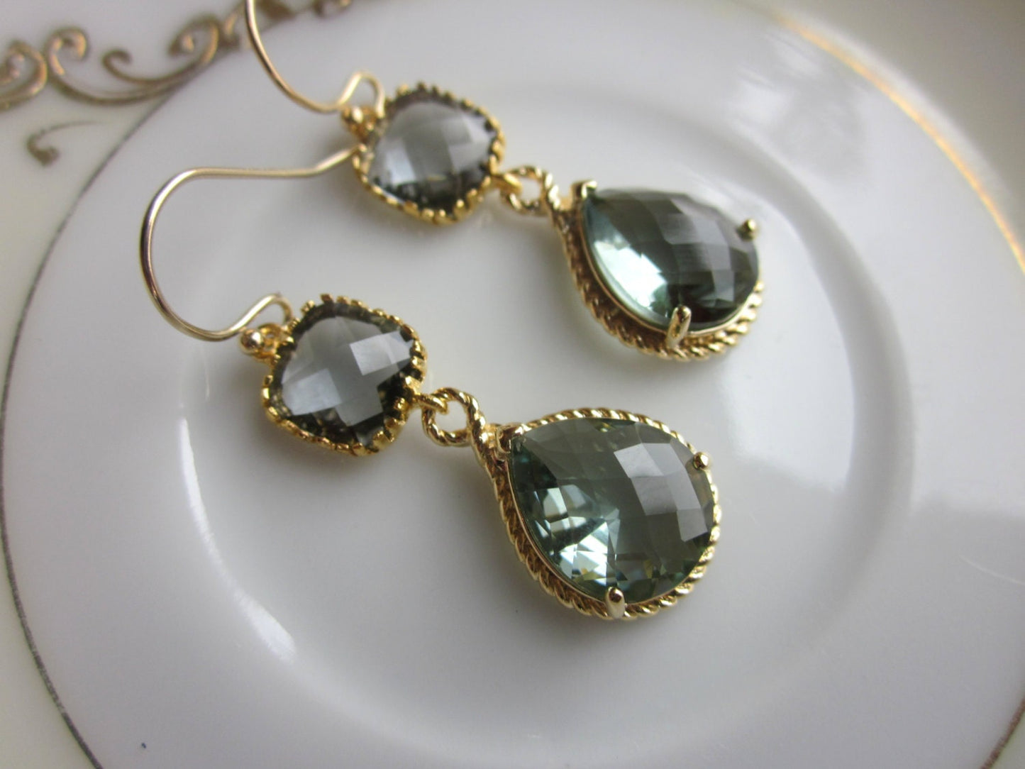 Charcoal Gray Earrings Gold Earrings Teardrop Glass Two Tier - Bridesmaid Earrings Wedding Earrings Wedding Jewelry