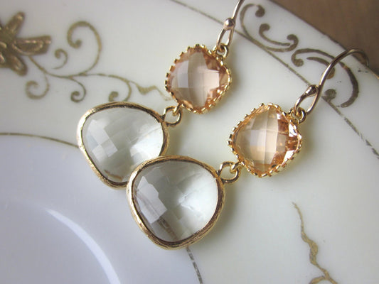 Champagne Peach Earrings Crystal Blush Gold Plated - Bridesmaid Earrings - Wedding Earrings - Wedding Jewelry