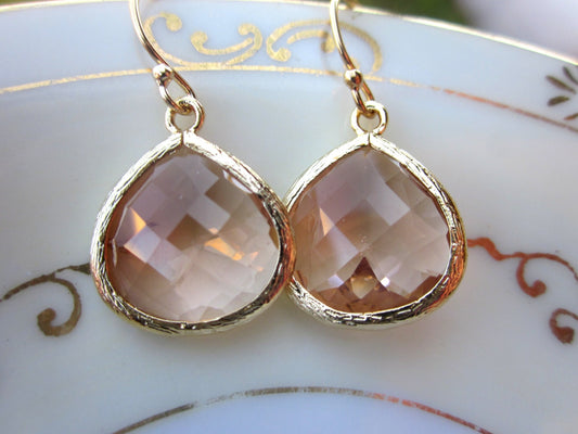 Large Champagne Blush Earrings Gold Plated Large Peach Pink Pendant - Wedding Earrings - Bridal Earrings - Bridesmaid Earrings