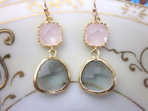 Gold Charcoal Gray Earrings Pink Earrings - Bridesmaid Earrings - Wedding Earrings - Bridesmaid Jewelry Gift - Wedding Jewelry
