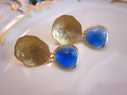 Cobalt Blue Earrings Gold Mushroom Coral - Bridesmaid Earrings - Wedding Earrings - Bridesmaid Jewelry Cobalt