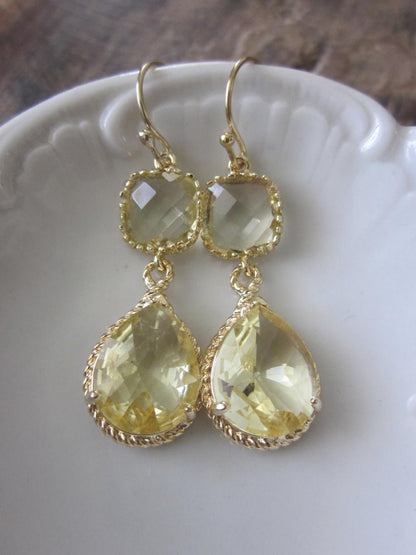 Citrine Earrings Gold Earrings Yellow Topaz Two Tier Teardrop Glass - Citrine Bridesmaid Earrings Wedding Earrings - Citrine Wedding Jewelry