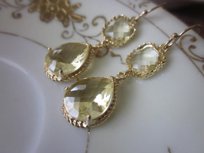 Citrine Earrings Gold Earrings Yellow Topaz Two Tier Teardrop Glass - Citrine Bridesmaid Earrings Wedding Earrings - Citrine Wedding Jewelry
