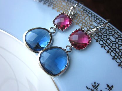 Blue Sapphire Navy Earrings Fuchsia Pink Silver Glass Gems Sterling Silver Earwires Bridesmaid Earrings - Wedding Earrings - Wedding Jewelr