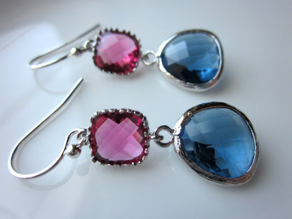 Blue Sapphire Navy Earrings Fuchsia Pink Silver Glass Gems Sterling Silver Earwires Bridesmaid Earrings - Wedding Earrings - Wedding Jewelr