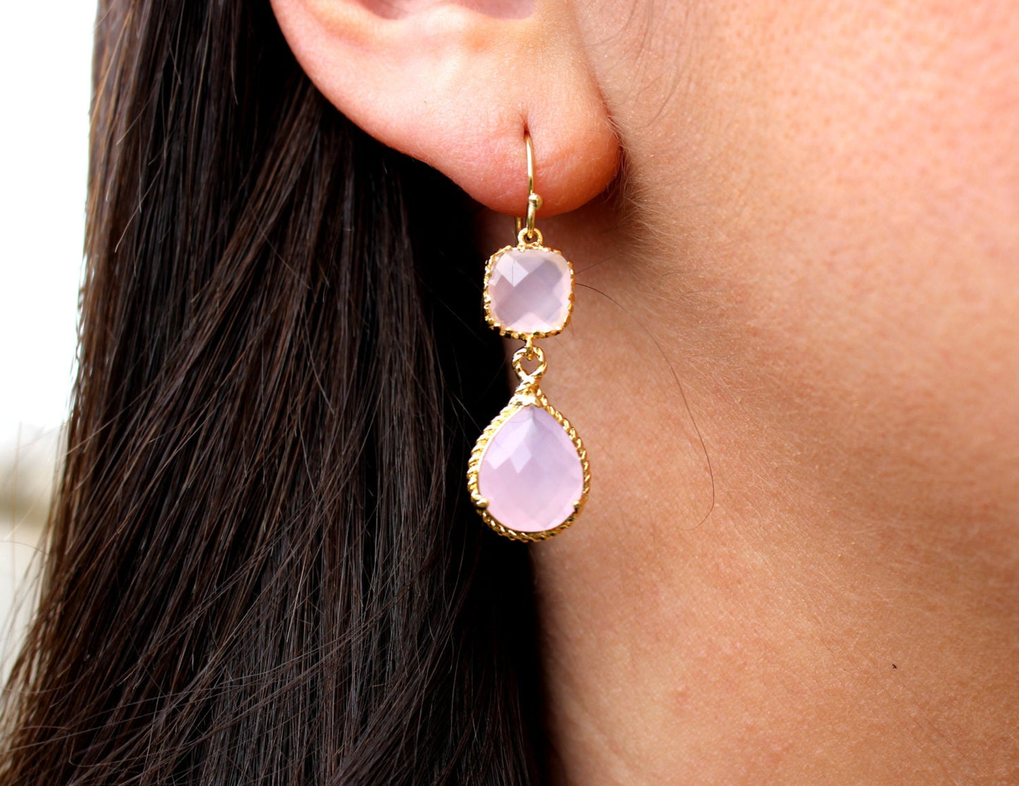 Pink Opal Earrings Gold Pink Earrings Teardrop Glass - 14k Gold Filled Earwires - Bridesmaid Earrings Wedding Earrings
