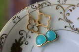 Mint Aqua Blue Earrings Gold Clover Quatrefoil Blue Earrings - Bridesmaid Earrings - Wedding Earrings - Bridal Earrings