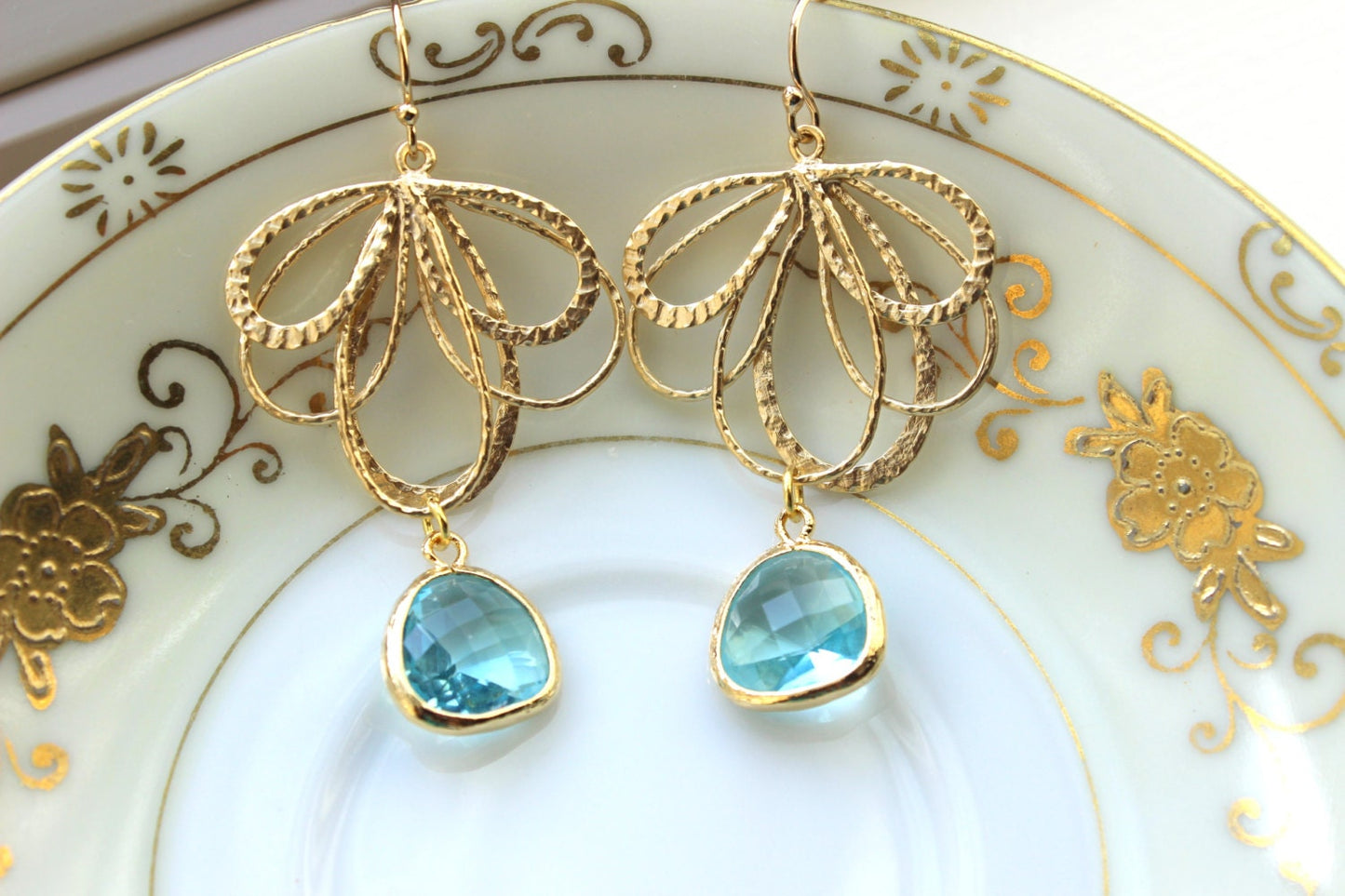 Aquamarine Earrings Gold Feather Aqua Blue -  Bridesmaid Earrings - Bridal Earrings - Wedding Jewelry