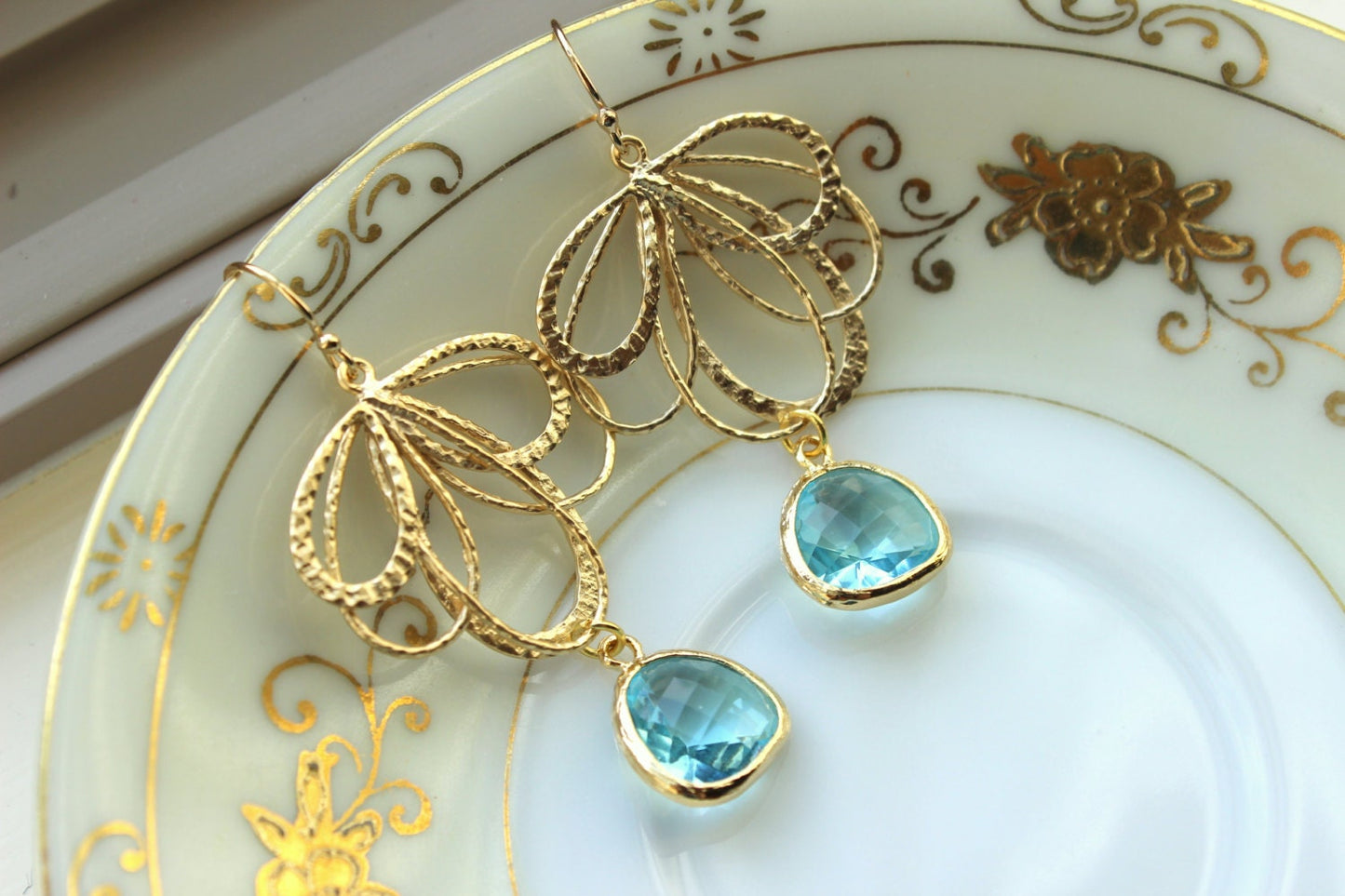 Aquamarine Earrings Gold Feather Aqua Blue -  Bridesmaid Earrings - Bridal Earrings - Wedding Jewelry