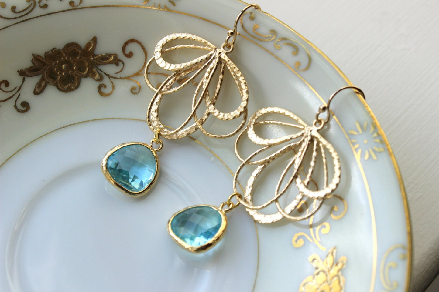 Aquamarine Earrings Gold Feather Aqua Blue -  Bridesmaid Earrings - Bridal Earrings - Wedding Jewelry