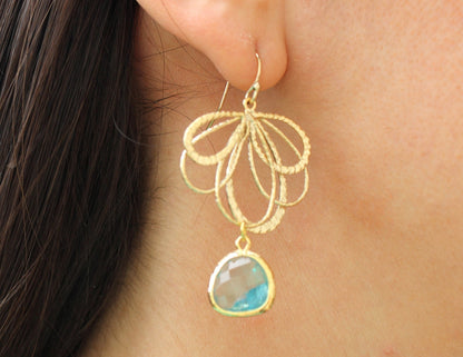 Aquamarine Earrings Gold Feather Aqua Blue -  Bridesmaid Earrings - Bridal Earrings - Wedding Jewelry