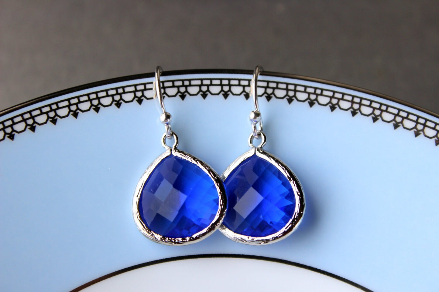 Blue Cobalt Earrings Silver Large Pendant - Sterling Silver Earwires - Wedding Earrings - Bridal Earrings - Bridesmaid Earrings