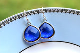 Blue Cobalt Earrings Silver Large Pendant - Sterling Silver Earwires - Wedding Earrings - Bridal Earrings - Bridesmaid Earrings