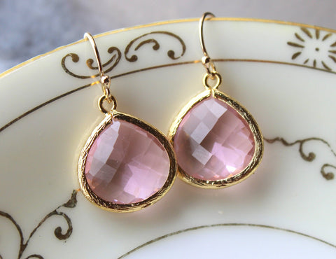 Light Pink Earrings Gold Plated Large Pendant - Wedding Earrings - Bridal Earrings - Bridesmaid Earrings