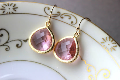 Light Pink Earrings Gold Plated Large Pendant - Wedding Earrings - Bridal Earrings - Bridesmaid Earrings
