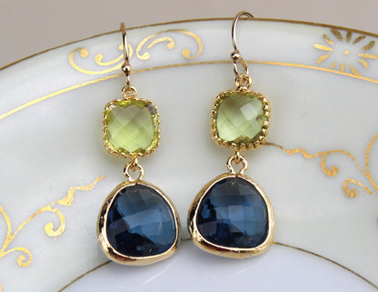 Peridot Green Earrings Sapphire Navy Gold Plated Glass - Bridesmaid Earrings - Wedding Earrings - Bridesmaid Jewelry - Wedding Jewelry