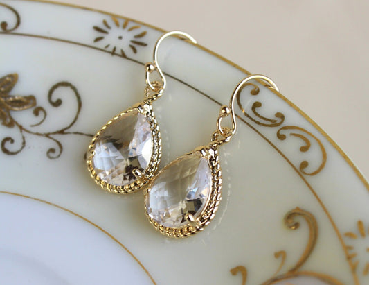 Gold Crystal Earrings Clear - Teardrop Earrings - Bridesmaid Earrings - Bridal Earrings - Wedding Jewelry - Bridesmaid Jewelry
