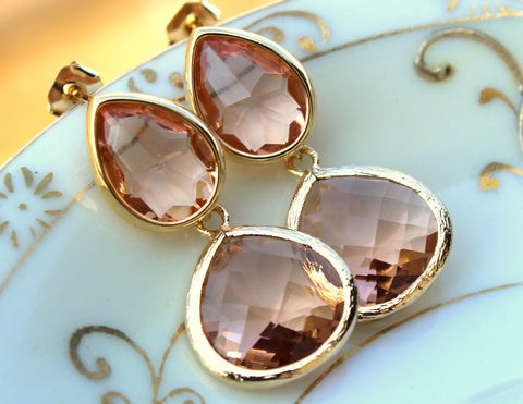 Blush Champagne Earrings Peach Gold Two Tier Teardrop Studs Posts - Blush Earrings Bridesmaid Jewelry Peach Wedding Earrings Wedding Jewelr