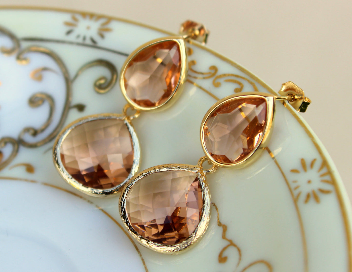 Blush Champagne Earrings Peach Gold Two Tier Teardrop Studs Posts - Blush Earrings Bridesmaid Jewelry Peach Wedding Earrings Wedding Jewelr