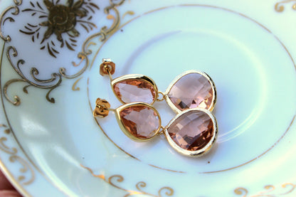 Blush Champagne Earrings Peach Gold Two Tier Teardrop Studs Posts - Blush Earrings Bridesmaid Jewelry Peach Wedding Earrings Wedding Jewelr