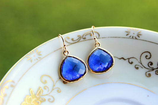 Large Blue Cobalt Earrings Gold Pendant - Cobalt Blue Wedding Earrings - Bridal Earrings - Bridesmaid Earrings - Bridesmaid Jewelry Wedding