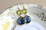 Large Sapphire Navy Earrings Gold Peridot Apple Green Two Tier -  Peridot Navy Bridesmaid Jewelry - Sapphire Wedding Jewelry Christmas Gift