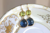 Large Sapphire Navy Earrings Gold Peridot Apple Green Two Tier -  Peridot Navy Bridesmaid Jewelry - Sapphire Wedding Jewelry Christmas Gift