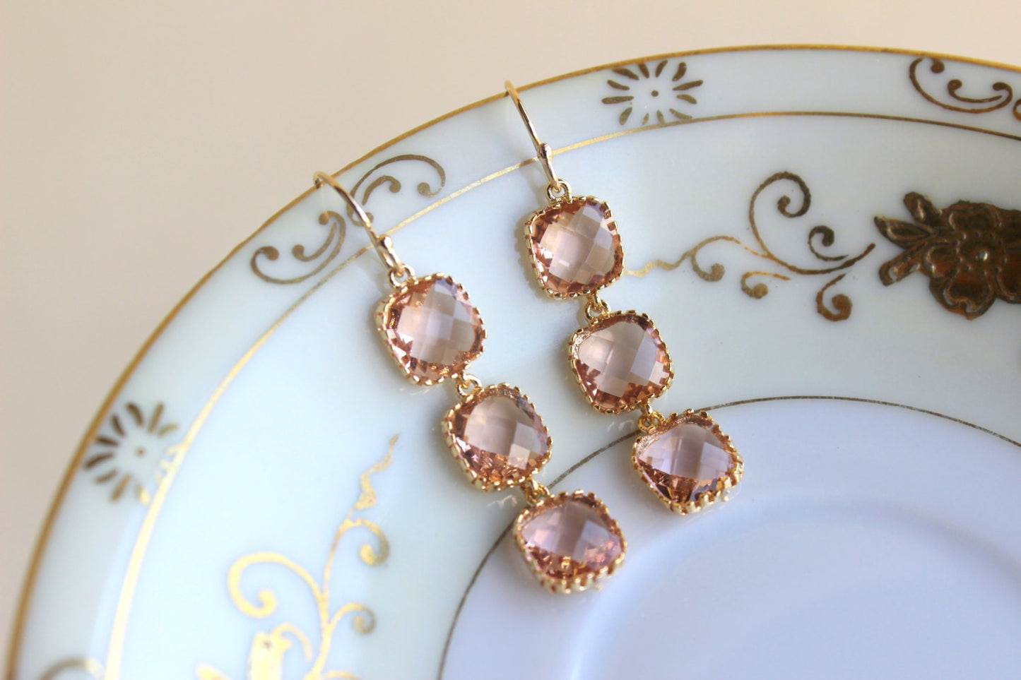 Champagne Blush Earrings Peach Square Earrings Gold Plated - Champagne Bridesmaid Earrings - Bridal Earrings - Blush Wedding Jewelry